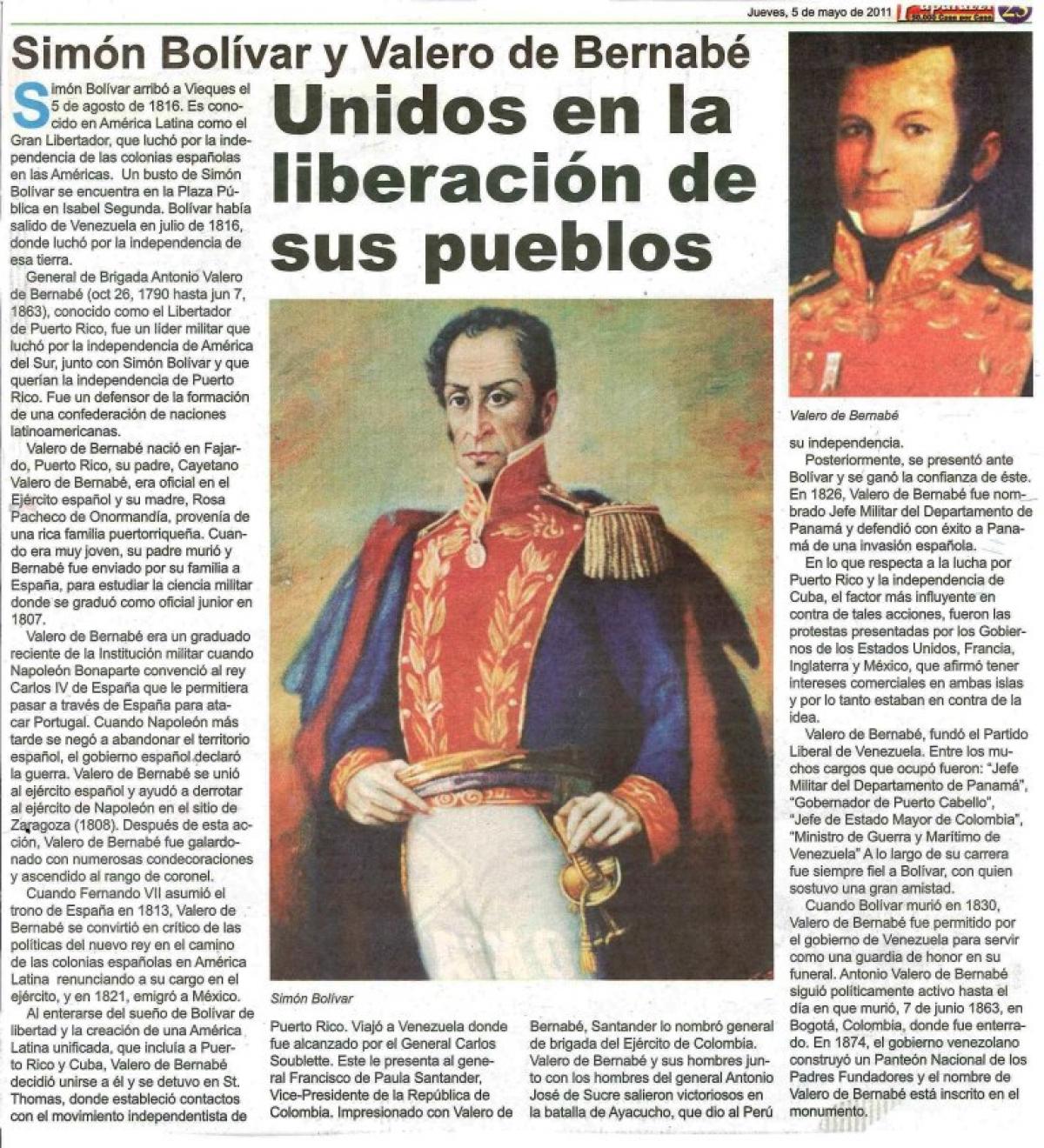 GENERAL ANTONIO VALERO DE BERNABER LIPERTADOR NATURAL DE PUERTO RICO Y OTOS TEMAS