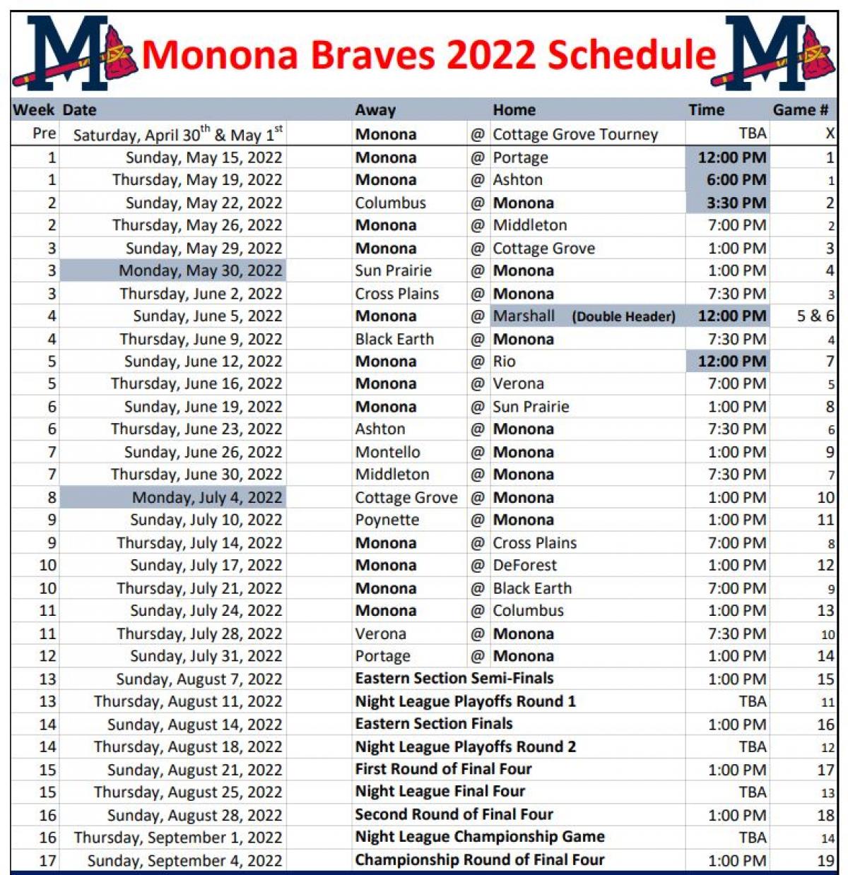 Monona Braves 2022 Schedule