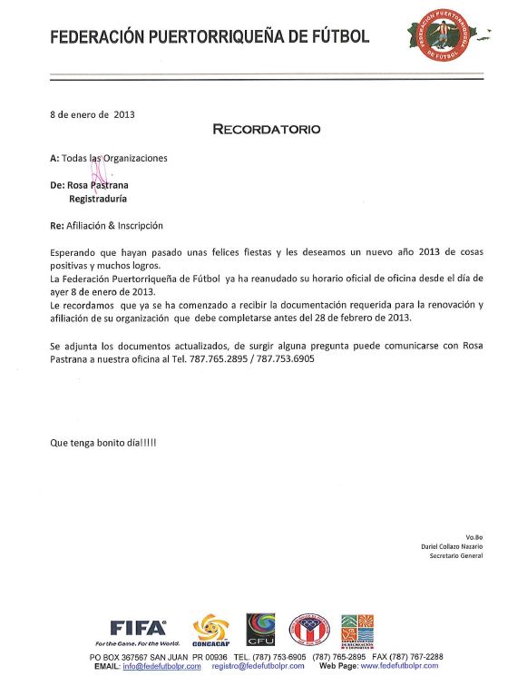 Carta de recordatorio para Aficilacion a la FPF