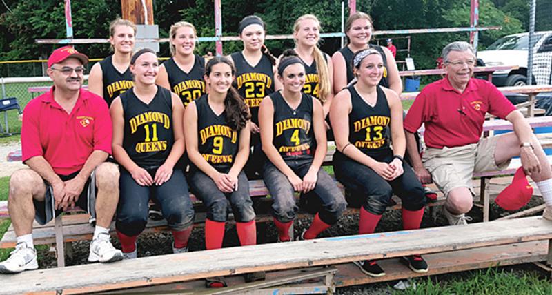 The 2016 Diamond Queens 18+ team takes a break at the ASA Twist July 9 in Washington, Pa. Players and coaches and their home towns, seated from left in the front row are Head Coach Dave DeSantis, Morgantown, WV; TL Wolfe, Steubenville, Ohio; Jamie DeSantis, Morgantown; Jazmine Keller, Glen Easton, WV; Bethany Cera, Bellaire, Ohio; and General Manager/Coach Bill Abraham, Paden City, WV. In the back row are Shae Tomasik, Lost Creek, WV; Makayla McElwayne, Clarksburg, WV; Marilyn DeSantis, Morgantown; Mel Wagner, Delmont, Pa.; and Nicole Walker, Morgantown, WV.