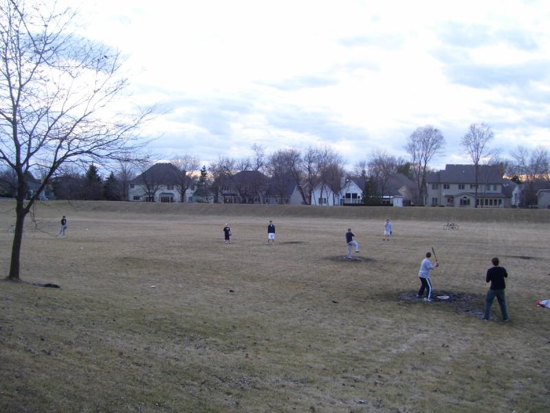 An overview of PineTreePark, during a fieldball game.